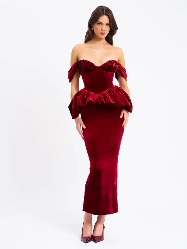 Abigail Velvet Off Shoulder Bubble Hem Peplum Maxi Dress