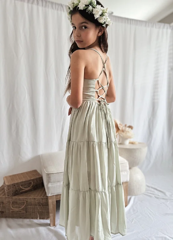 Clara Chiffon Girls Maxi Dress Sage Green