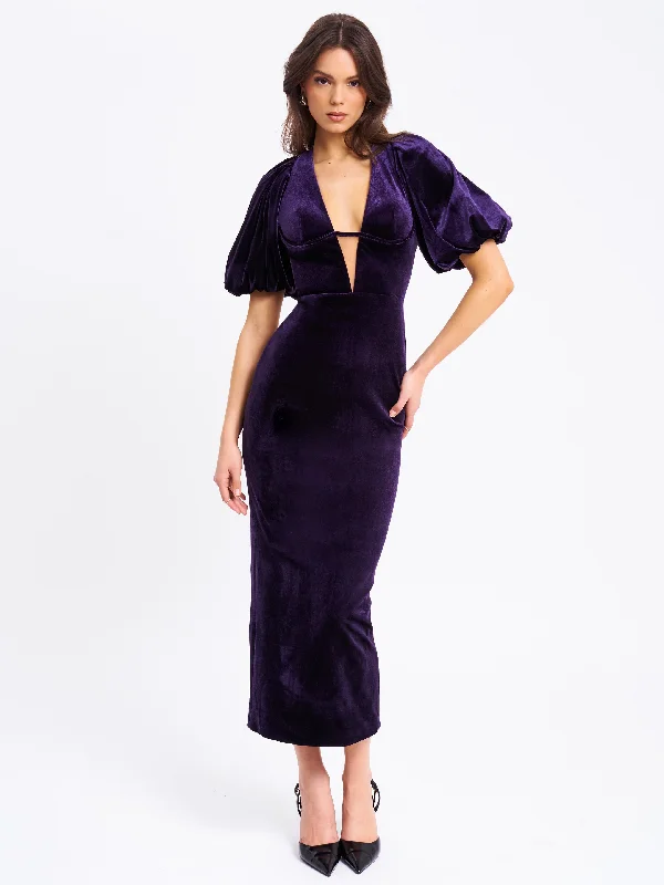 Coraline Purple Velvet Bubble Sleeve Backless Maxi Dress