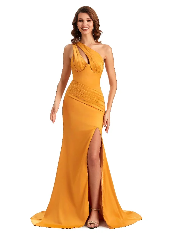 Elegant One Shoulder Mermaid Popular Side-Slit Satin Unique Satin Maxi Dress