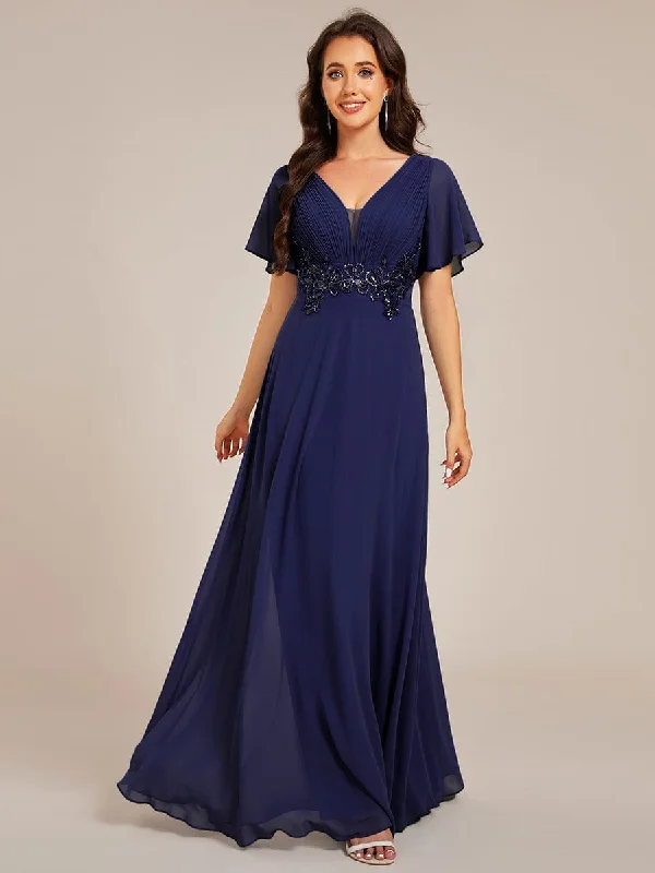 Grace | Elegant Pleated Short Sleeve Deep V-Neck Maxi Formal Evening Dress