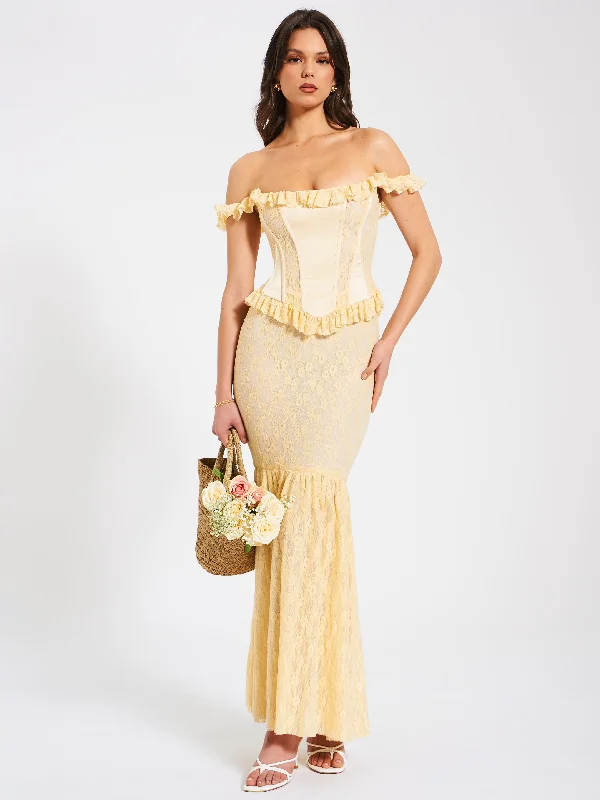 Ersilia Pale Yellow Satin Lace Peplum Corset Off Shoulder Maxi Dress