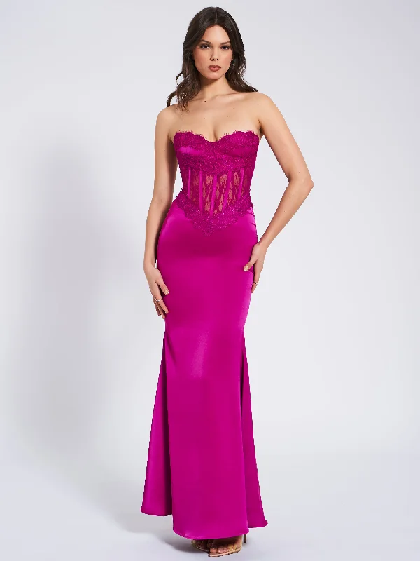 Everleigh Fuchsia Lace Satin Corset Maxi Dress