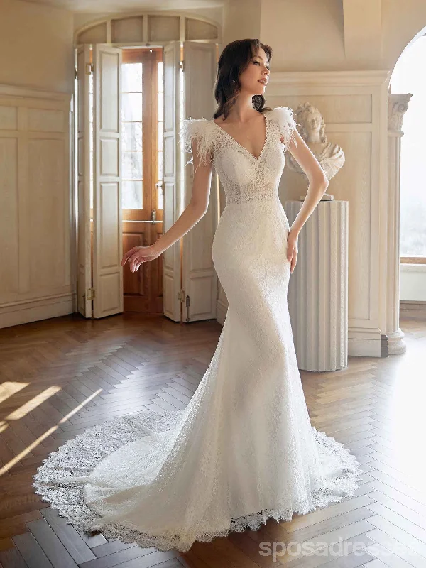 Gorgeous Mermaid Off White V-neck Maxi Long Handmade Lace Wedding Dresses,WD819