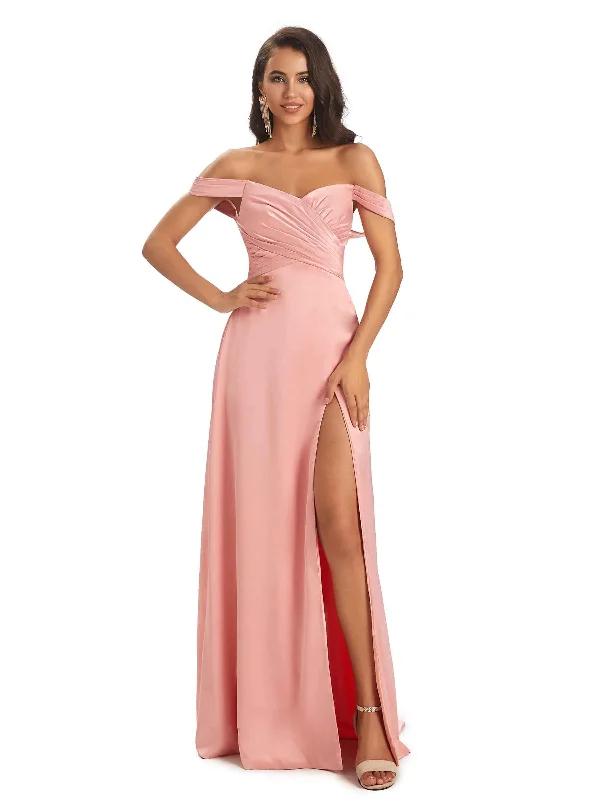 Sexy Side Slit Off The Shoulder Maxi Long Soft Satin Bridesmaid Dresses Online