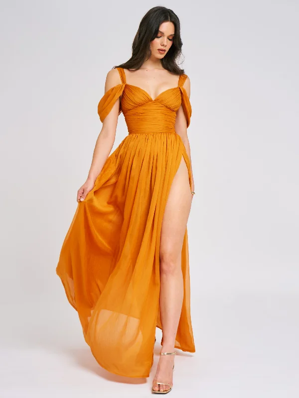 Jelani Layered Mesh High-Slit Drape Maxi Dress