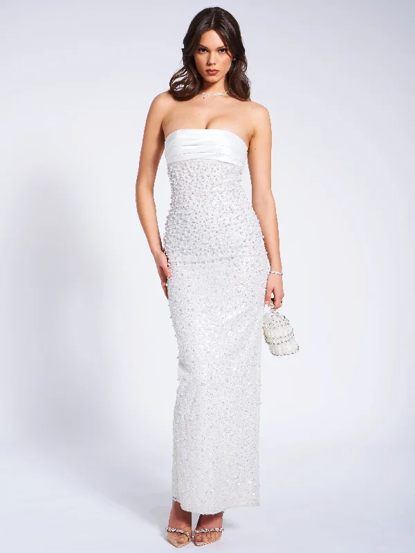 Lainey White Satin Sequin Pearls Beaded Maxi Dress