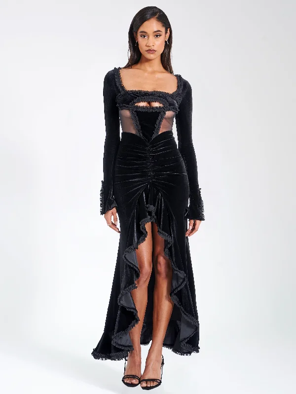 Maeve Black Velvet and Mesh Long Sleeve Maxi Dress