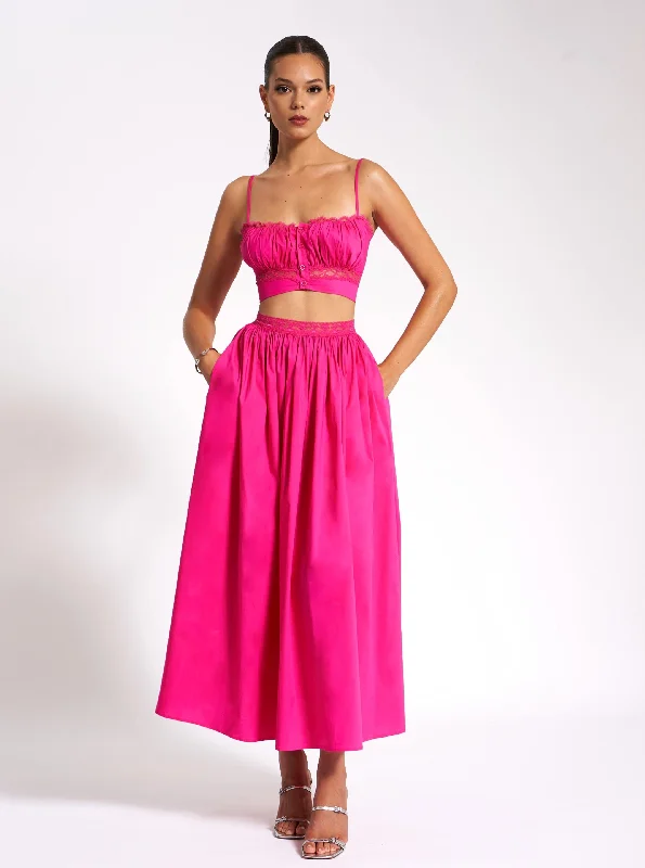 Martha Fuchsia Cotton Poplin Maxi Skirt With Lace Trim