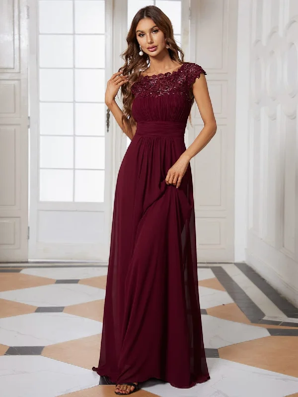 Maxi Lace Cap Sleeve Long Formal Evening Dress