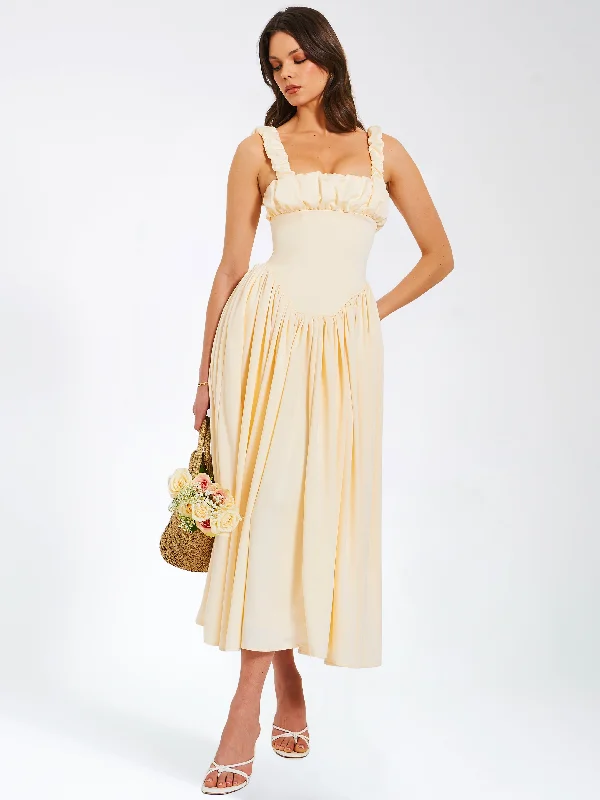 Noreen Egg White Satin Drop Waist Maxi Sundress