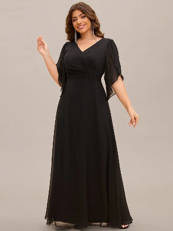 Lena | Plus Size Elegant Pleated Half Sleeve A-Line Maxi Mother of the Bride Dress