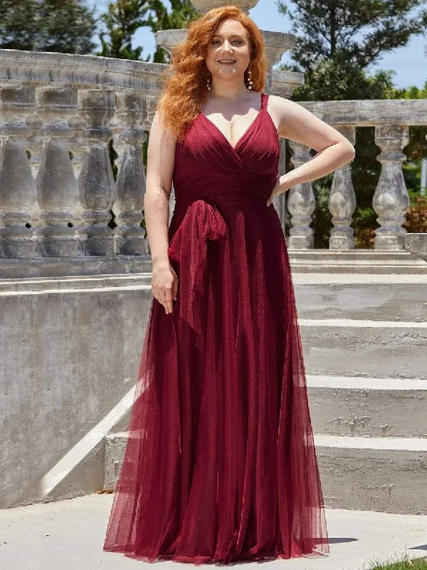 Plus Size Double V Neck Maxi Tulle Bridesmaid Dress