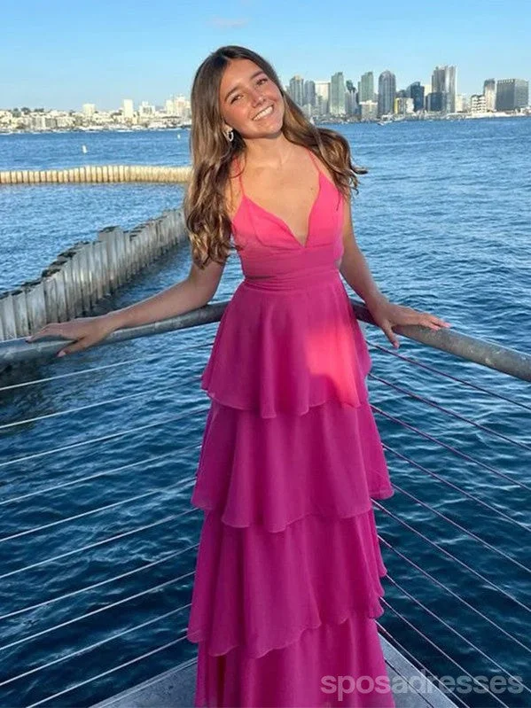 Pretty Hot Pink A-line V-neck Maxi Long Party Prom Dresses Ideas,Evening Gowns,13618