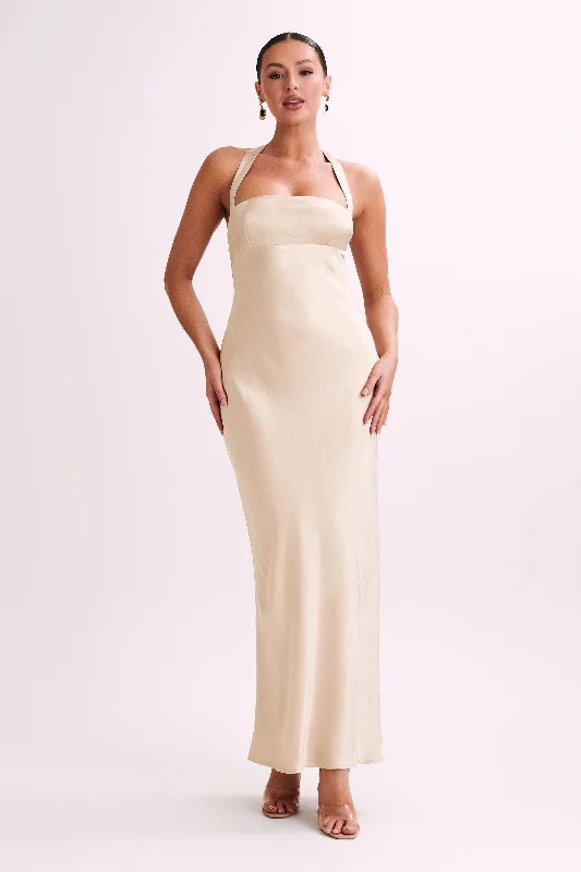 Sabra Satin Halter Maxi Dress - Gold