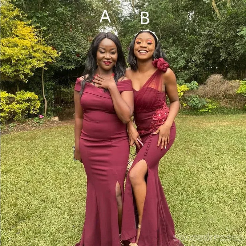 Sexy Burgundy Mermaid Side Slit Maxi Long Bridesmaid Dresses For Wedding Party,WG1803