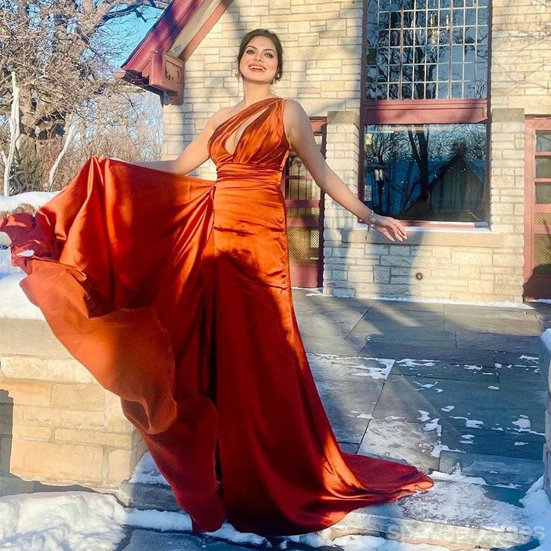 Sexy Burnt Orange Mermaid One Shoulder Maxi Long Bridesmaid Dresses For Wedding Party,WG1823