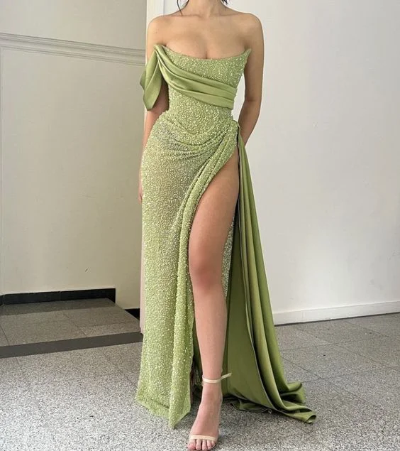 Sexy Green Mermaid One Shoulder Side Slit Maxi Long Prom Dress cc1073