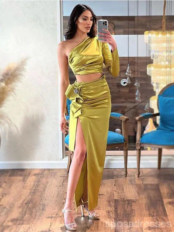 Sexy Green Two Pieces One Shoulder Side Slit Maxi Long Party Prom Dresses,13292