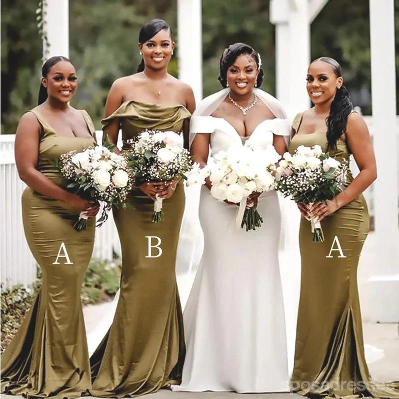 Sexy Mismatched Green Mermaid Off Shoulder Maxi Long Bridesmaid Dresses,WG1873