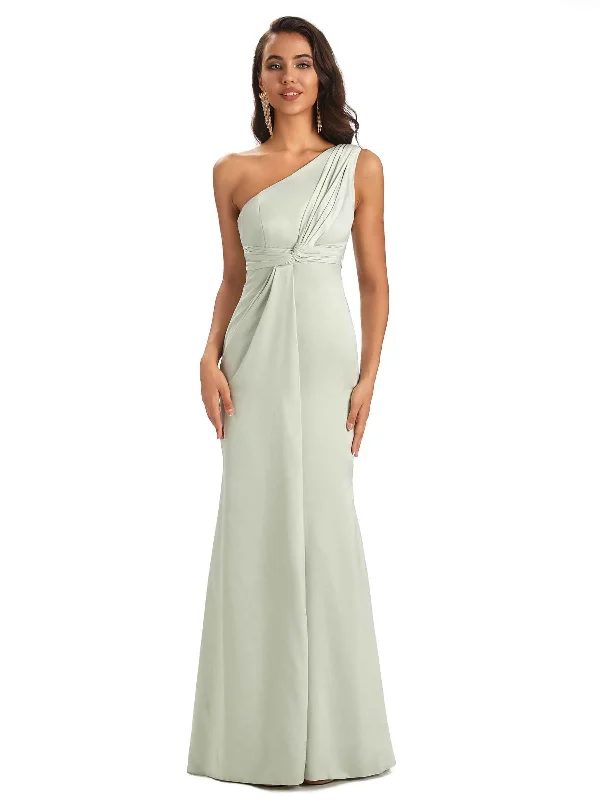 Sexy Soft Satin Side Slit One Shoulder Mermaid Maxi Bridesmaid Dresses