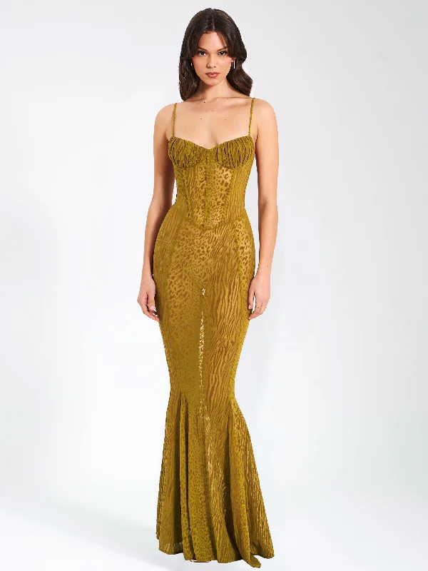 Ulani Gold Burnout Velvet Detail Mesh Maxi Dress