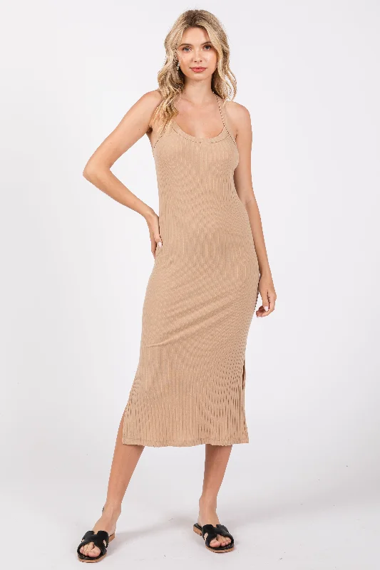 Beige Ribbed Racerback Midi Dress