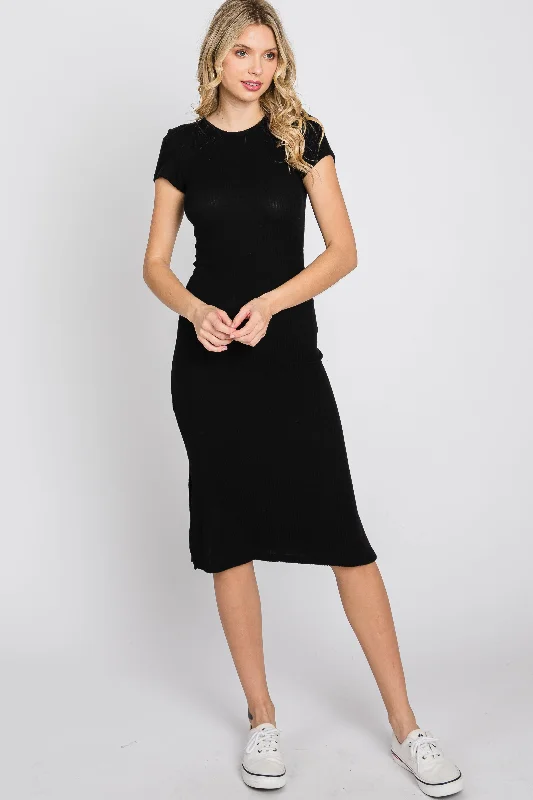 Black Brushed Ribbed Midi Dress