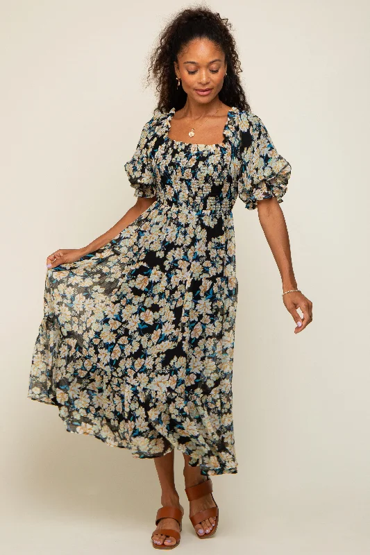 Black Floral Puff Sleeve Midi Dress