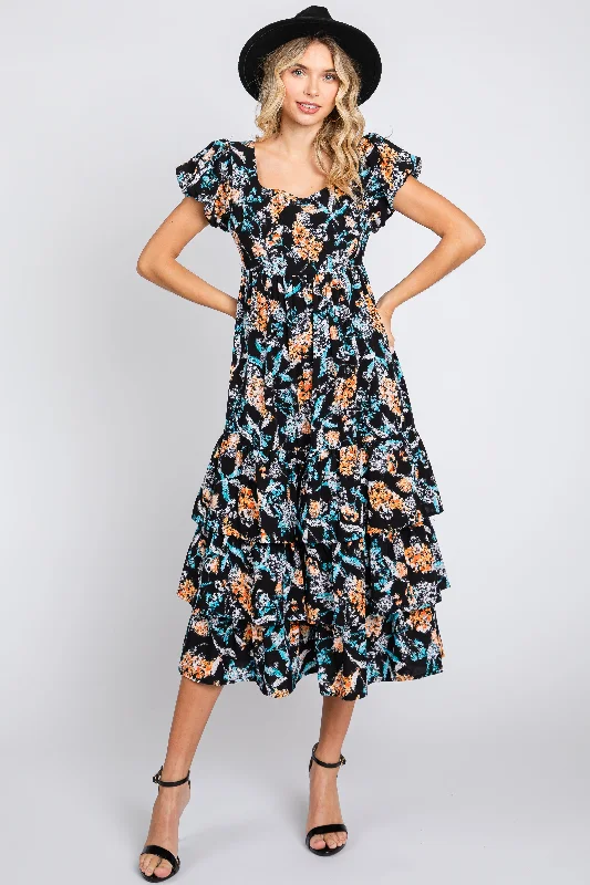 Black Floral Puff Sleeve Tiered Midi Dress