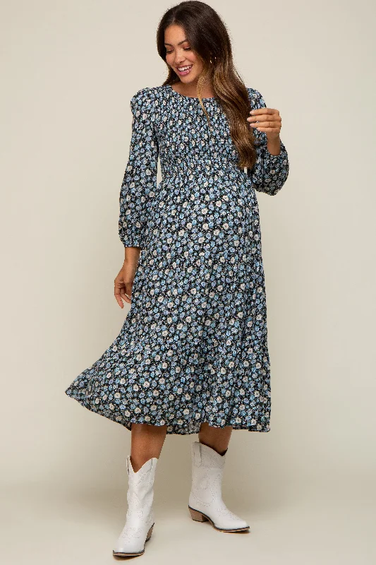 Black Floral Smocked 3/4 Sleeve Maternity Midi Dress