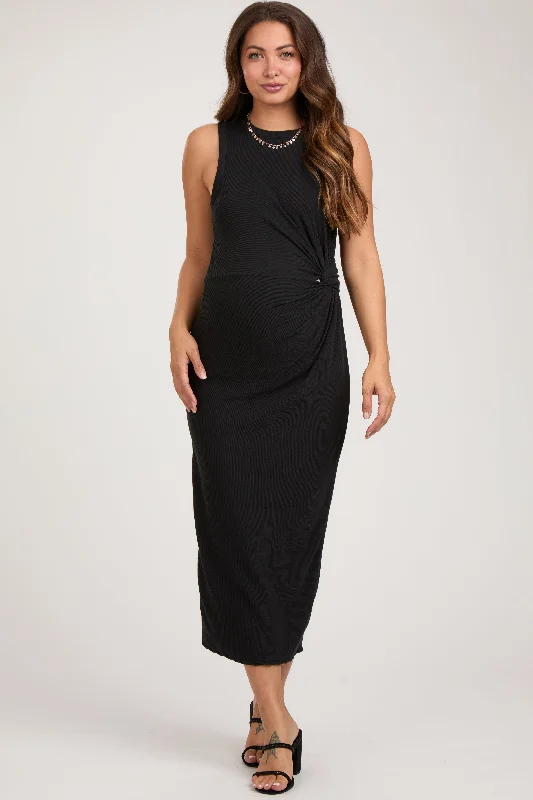 Black Rib Knit Sleeveless Side Twist Maternity Midi Dress