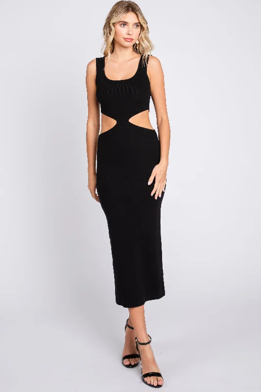 Black Sleeveless Side Cutout Midi Dress