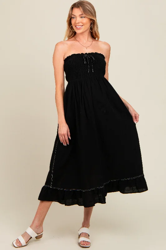 Black Smocked Strapless Maternity Midi Dress