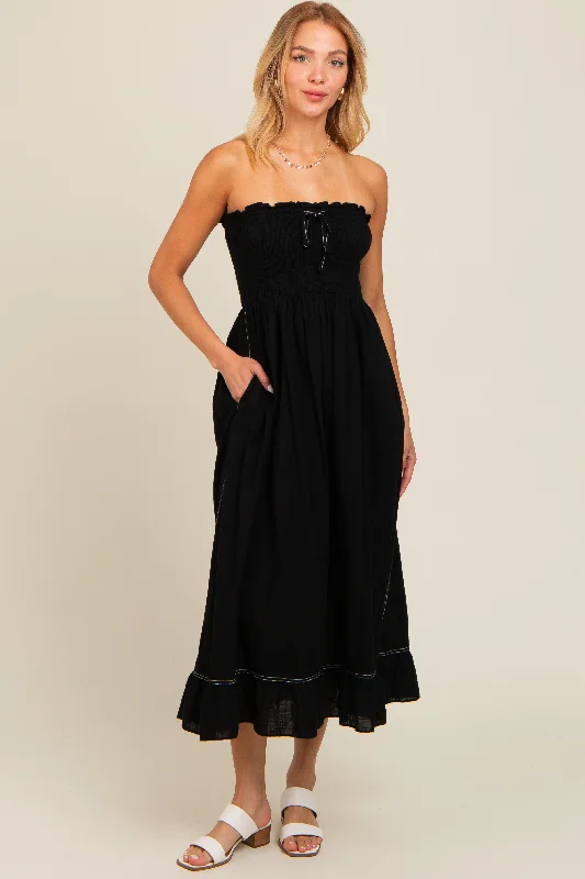 Black Smocked Strapless Midi Dress