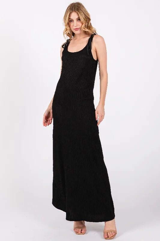 Black Textured Tie Strap Midi Dress