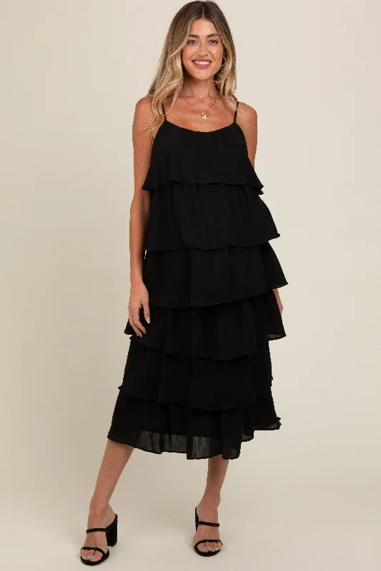 Black Tiered Maternity Midi Dress