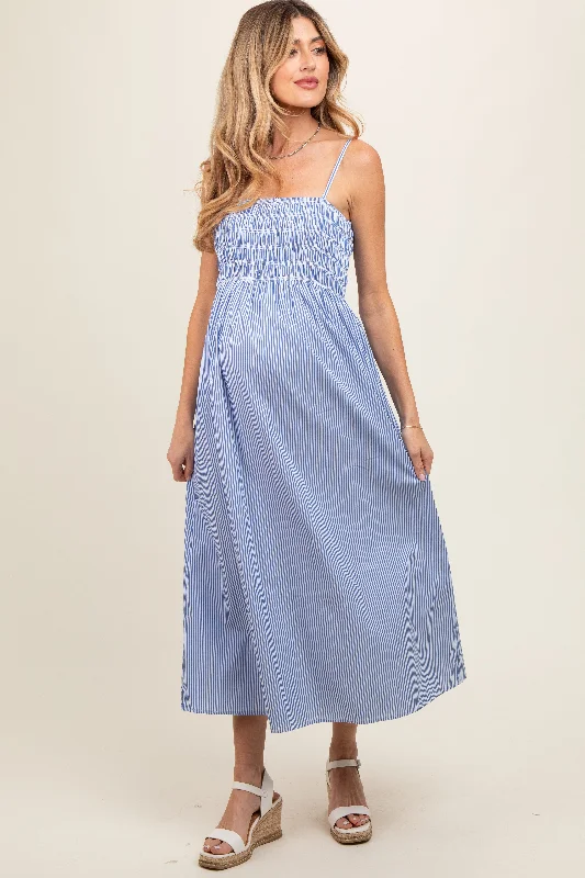 Blue Bartlett Striped Smocked Maternity Midi Dress