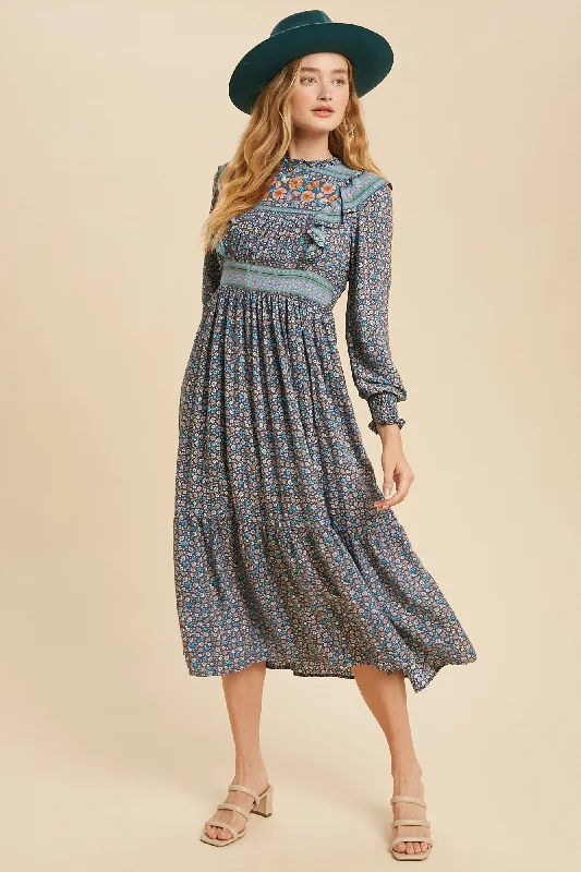 Blue Floral Boho Floral Print Ruffle Midi