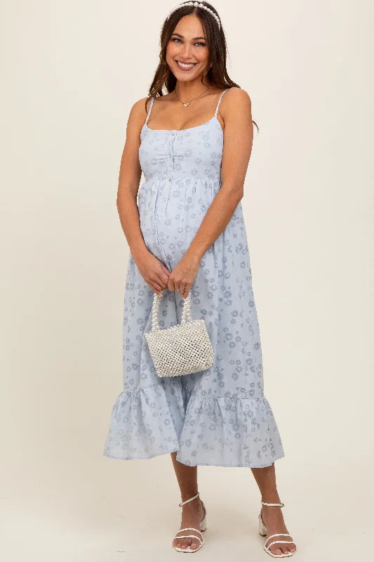 Blue Floral Button Front Sleeveless Maternity Midi Dress