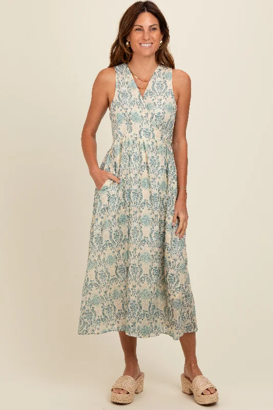 Blue Floral Damask Wrap Midi Dress