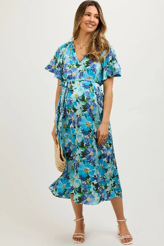 Blue Floral V-Neck Short Puff Sleeve Tie Waist Satin Maternity Midi Dress