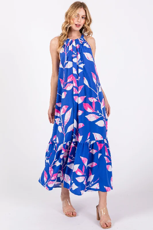 Blue Halter Leaf Print Midi Dress