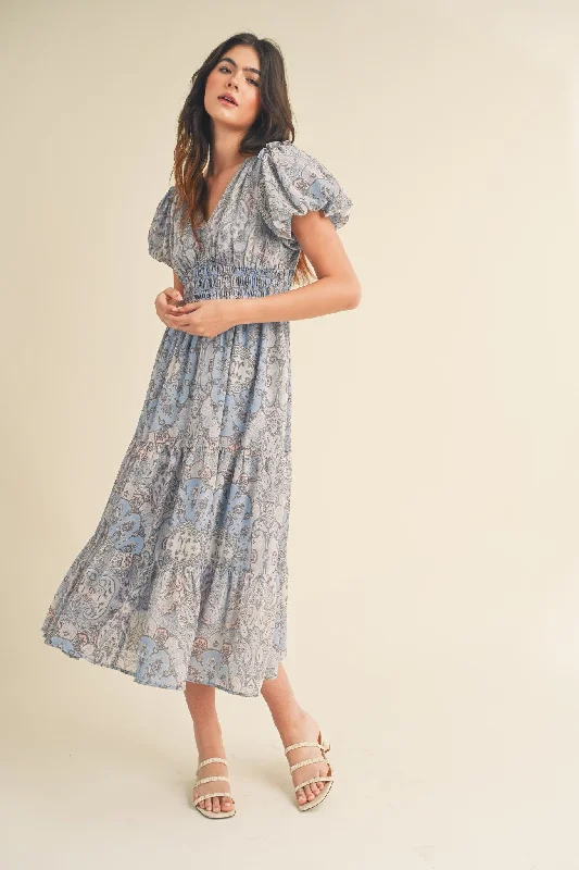 Blue Multi Paisley Bubble Sleeve Midi Dress