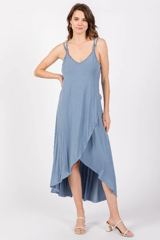 Blue Sleeveless Crisscross High-Low Wrap Midi Dress