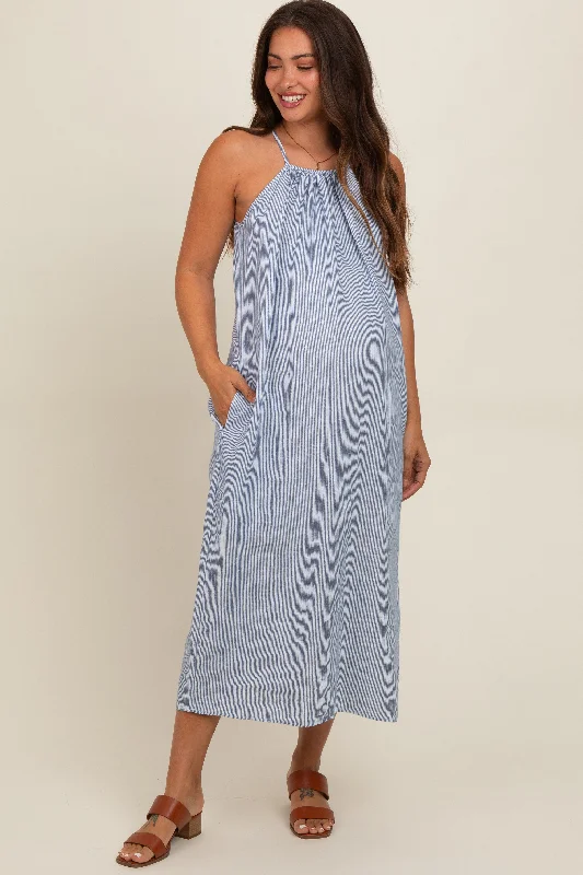 Blue Striped Linen Maternity Midi Dress