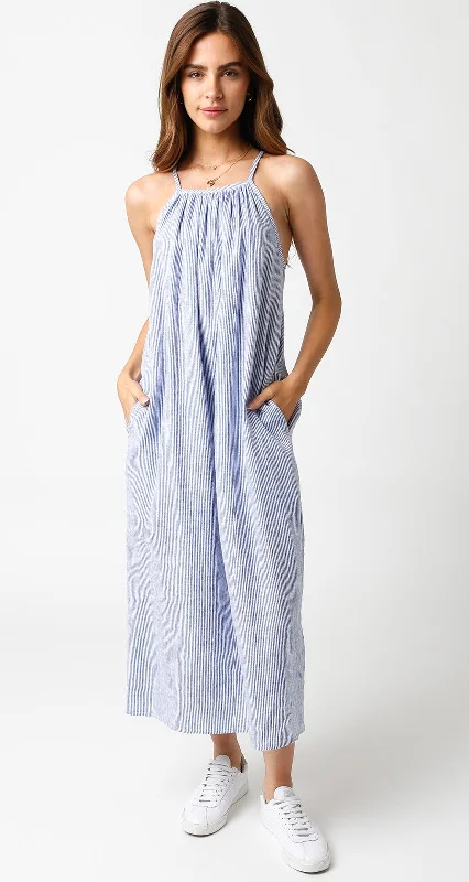 Blue Striped Linen Midi Dress