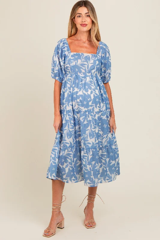 Blue White Floral Maternity Midi Dress