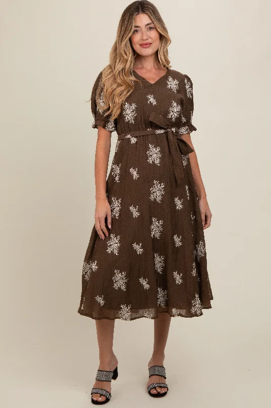 Brown Embroidered Sash Tie Maternity Midi Dress