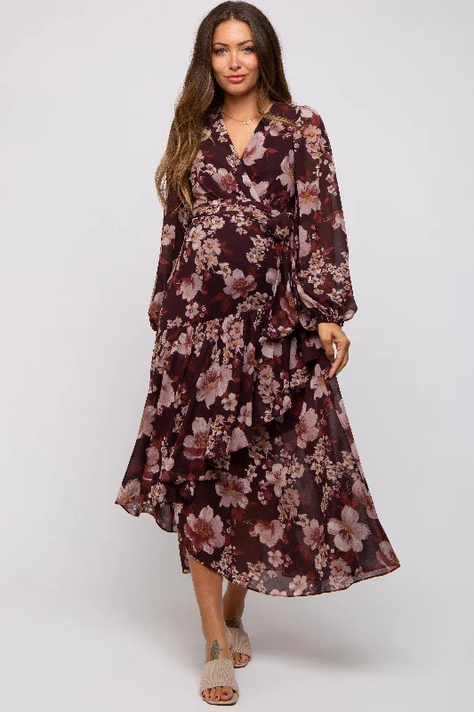 Burgundy Floral Chiffon Wrap Front Ruffle Maternity Midi Dress